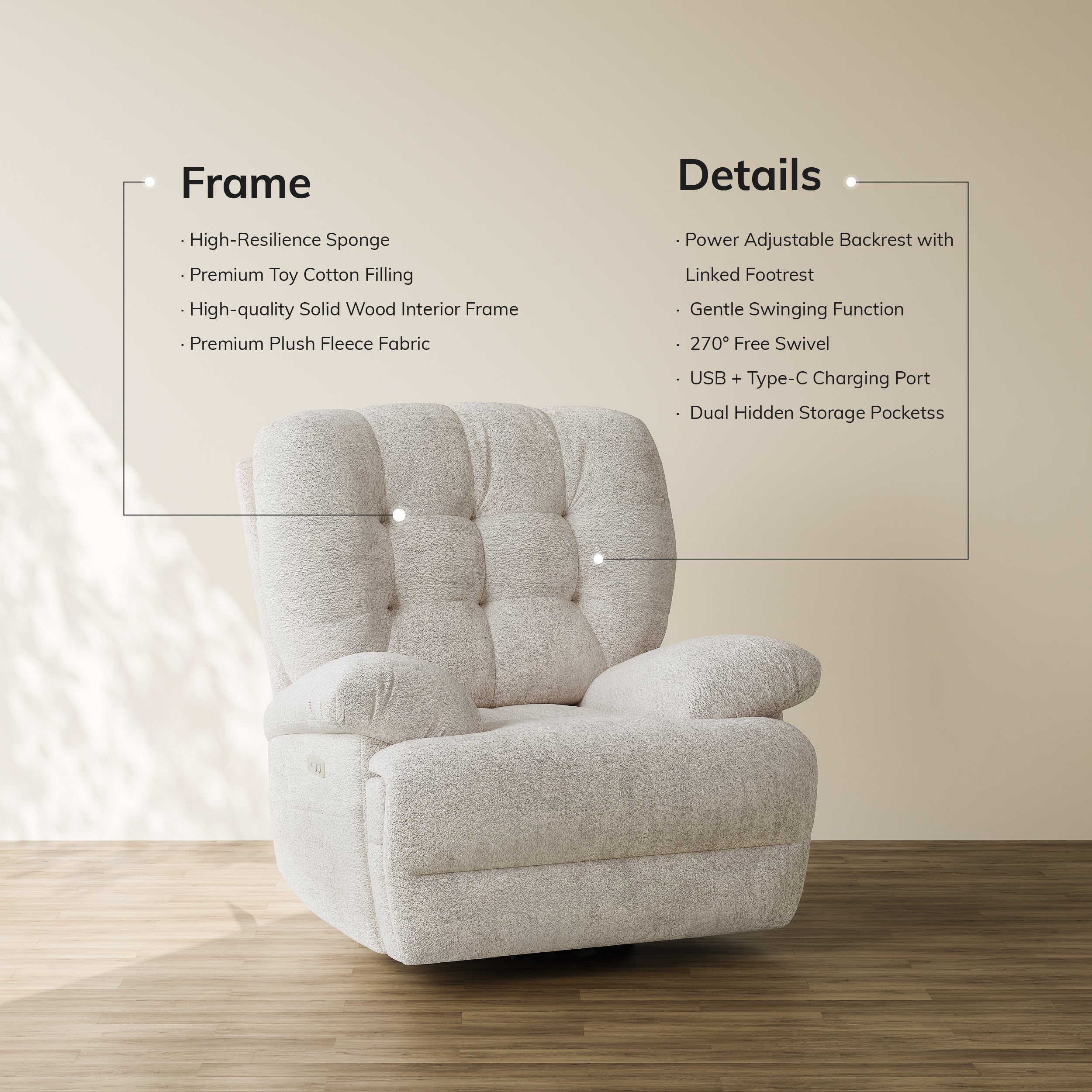 COLAMY FLOREN Plush-Power Swivel Recliner