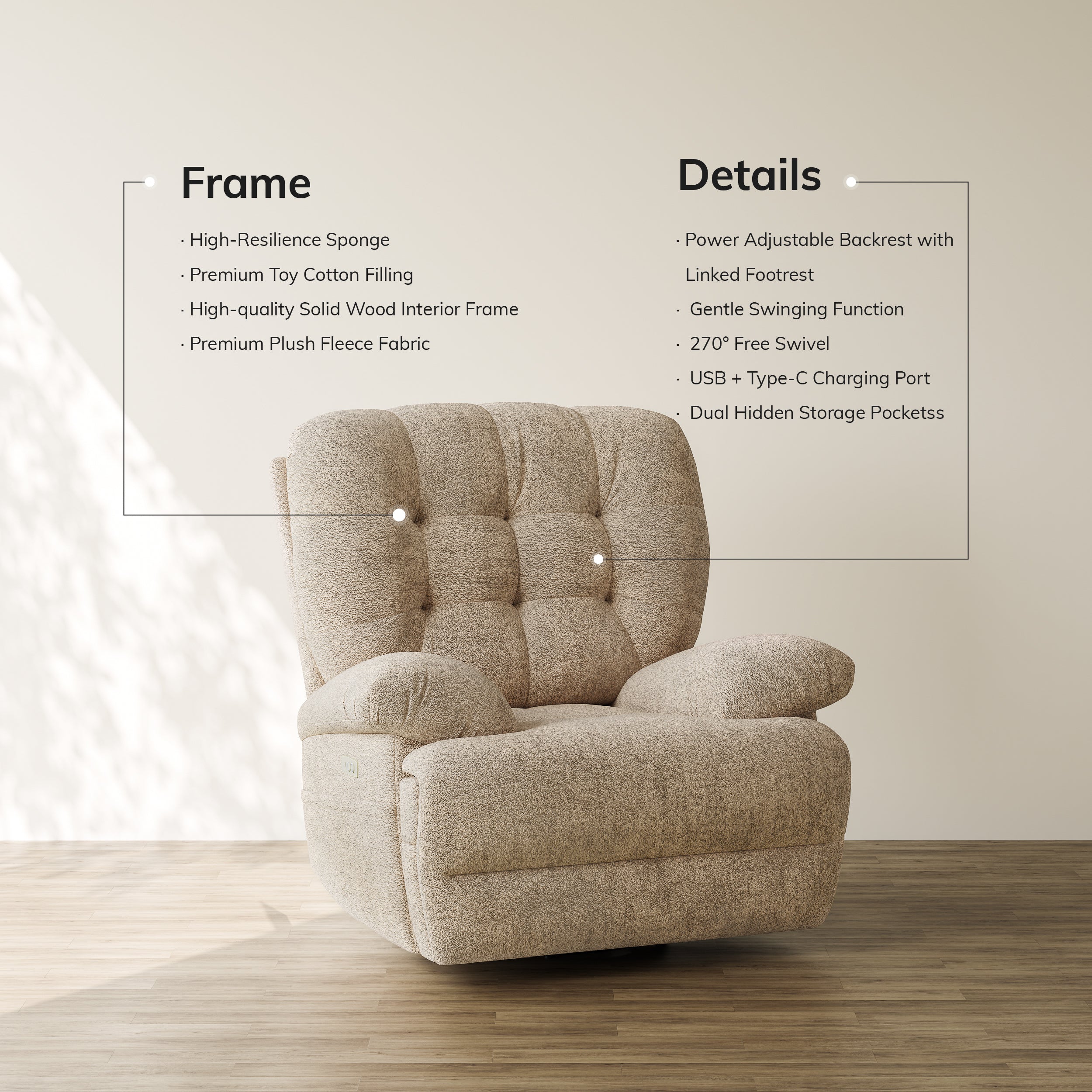 COLAMY FLOREN Plush-Power Swivel Recliner