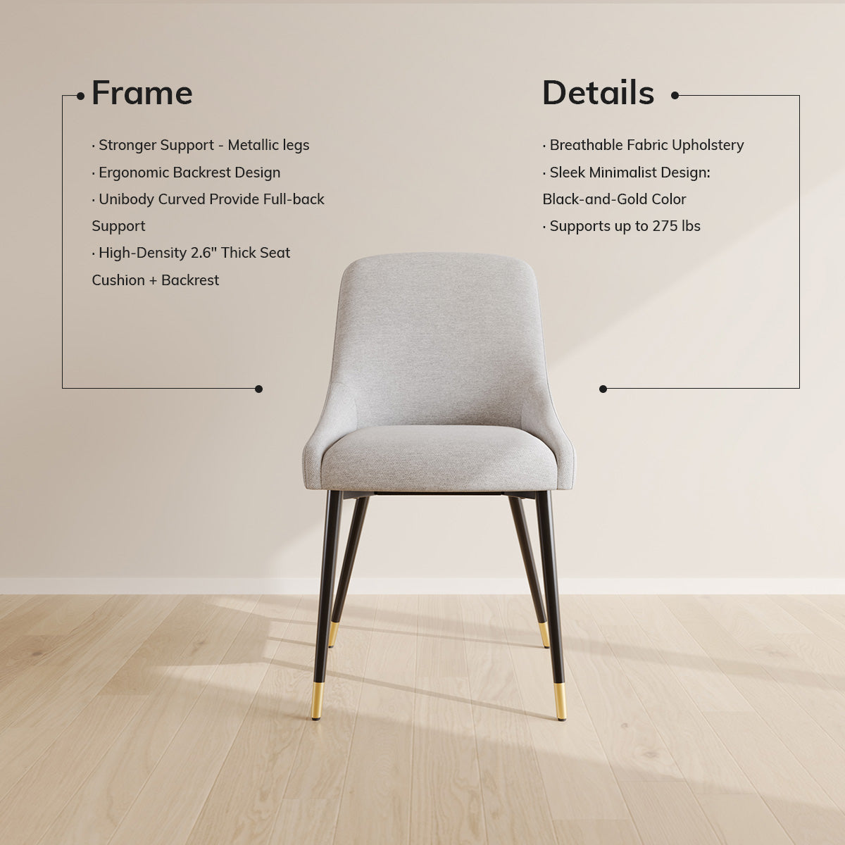 COLAMY LUMA Modern Fabric & Metal Dining Chair