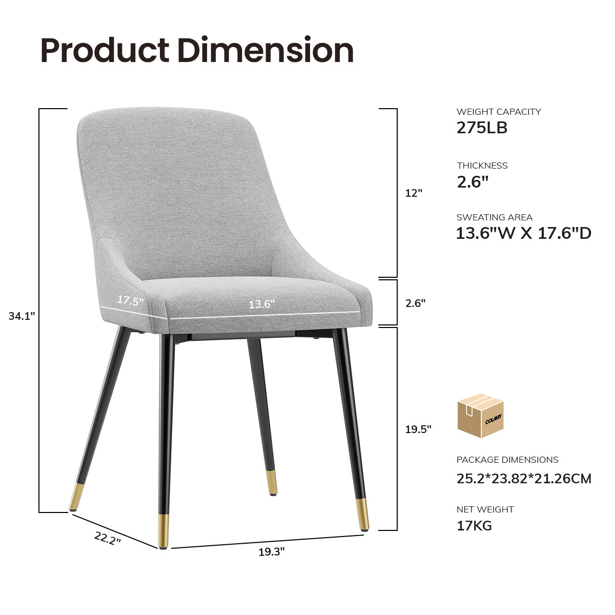 COLAMY LUMA Modern Fabric & Metal Dining Chair