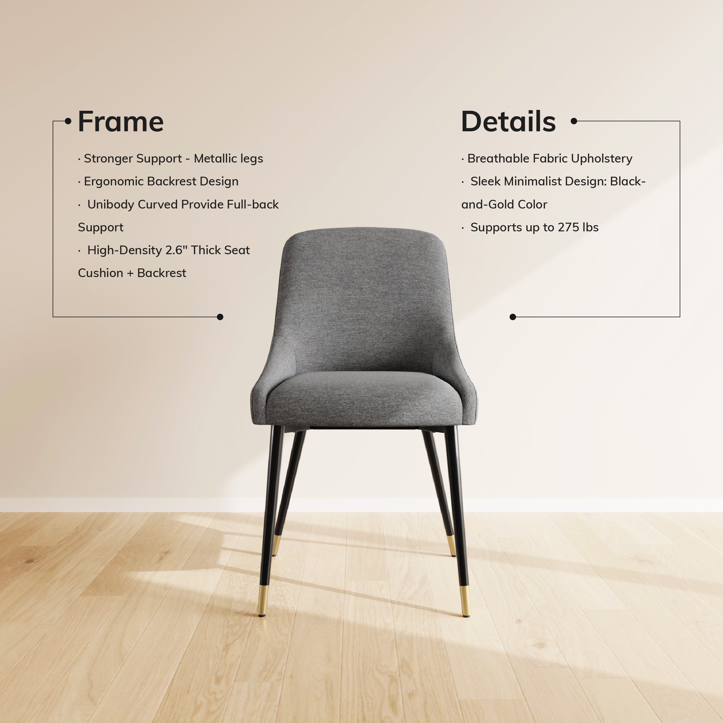 COLAMY LUMA Modern Fabric & Metal Dining Chair
