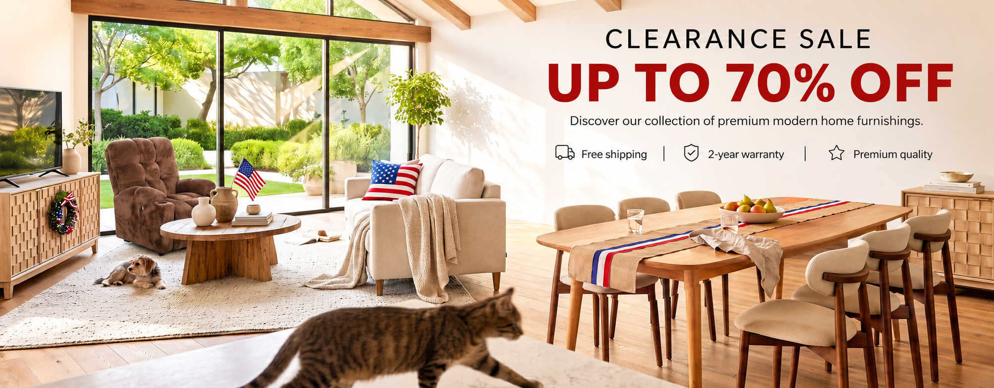Modern home furniture clearance sale with sofa, dining table, and upholstered dining chairs up to 70% off