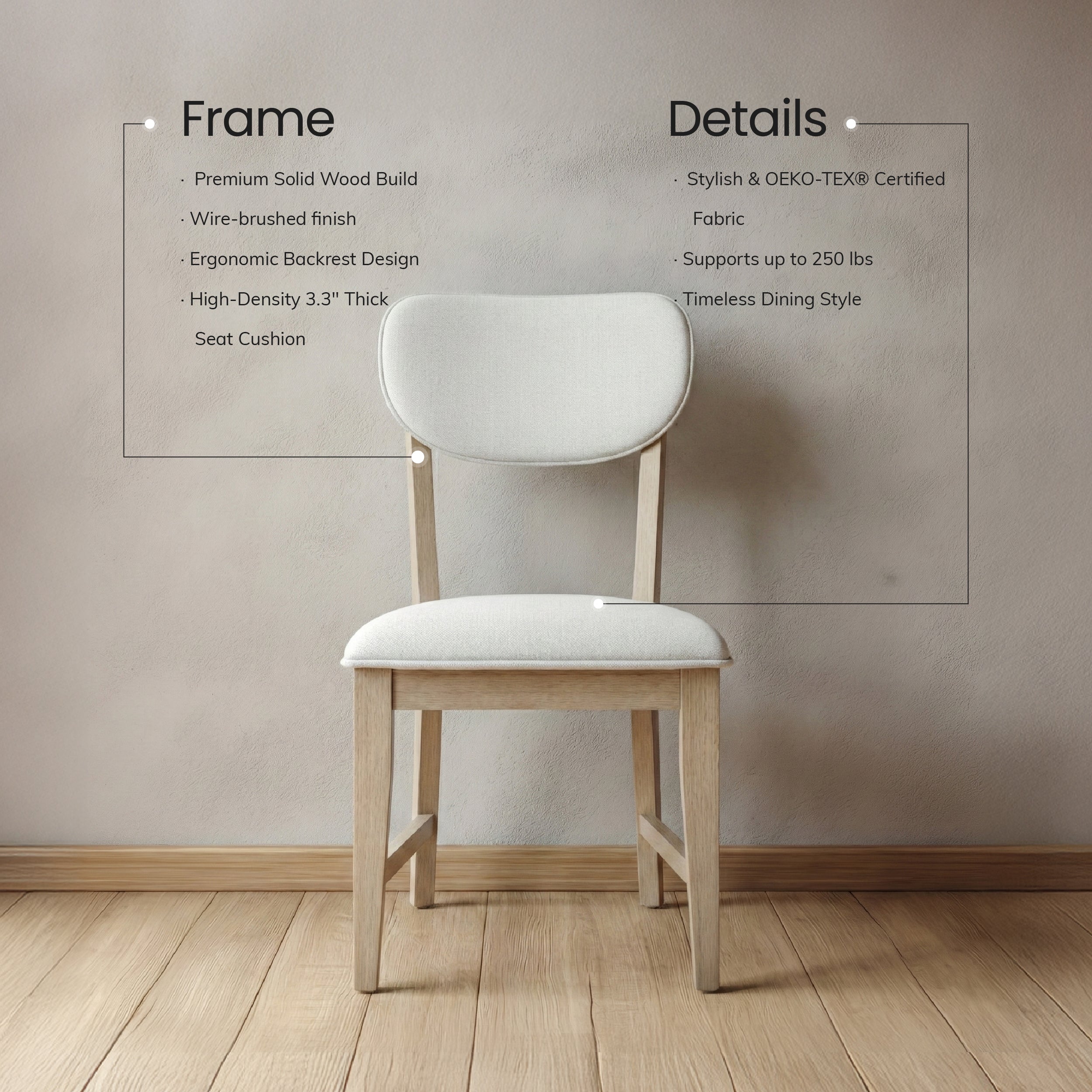 COLAMY PURA Solid Wood Dining Chair with OEKO-TEX® Fabric