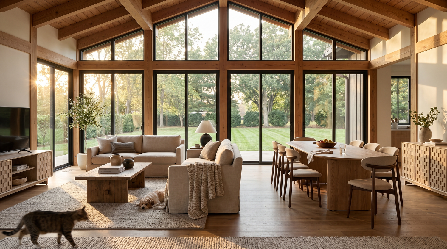 Bright modern sunroom dining and living area featuring COLAMY NOYA fabric dining chairs around a wooden table, PIXEL wood sideboard cabinet, and modern TV stand with storage under warm summer sunset light with a dog and cat.