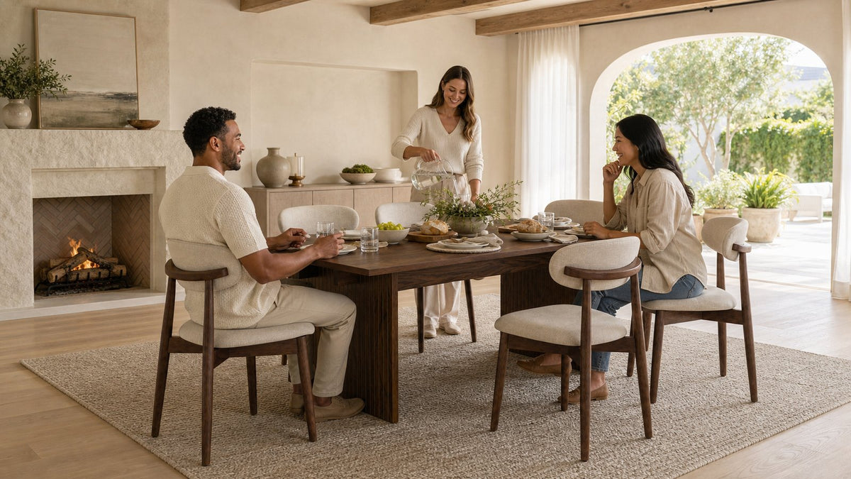 wooden dining table with beige upholstered chairs