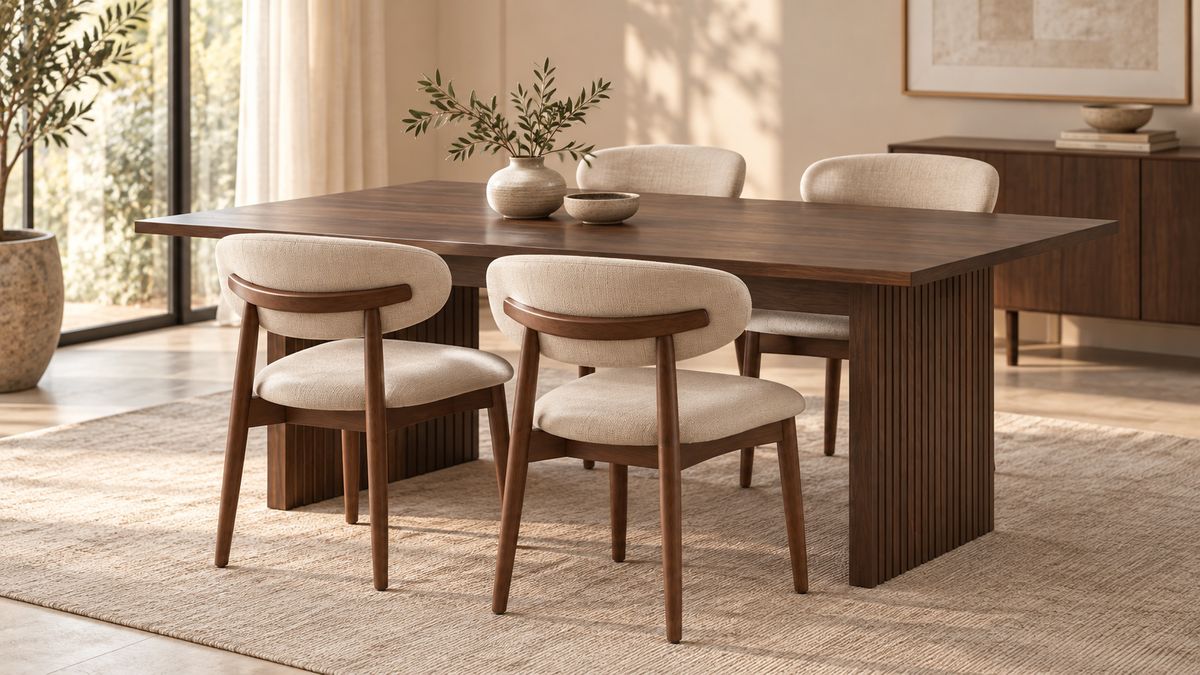 Beige NOYA dining chairs paired with a dark fluted wood dining table