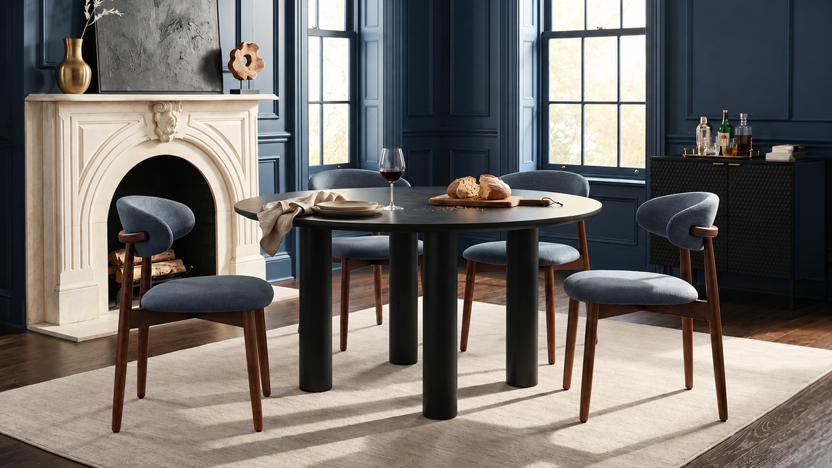 Blue-gray upholstered dining chairs arranged around a round dining table