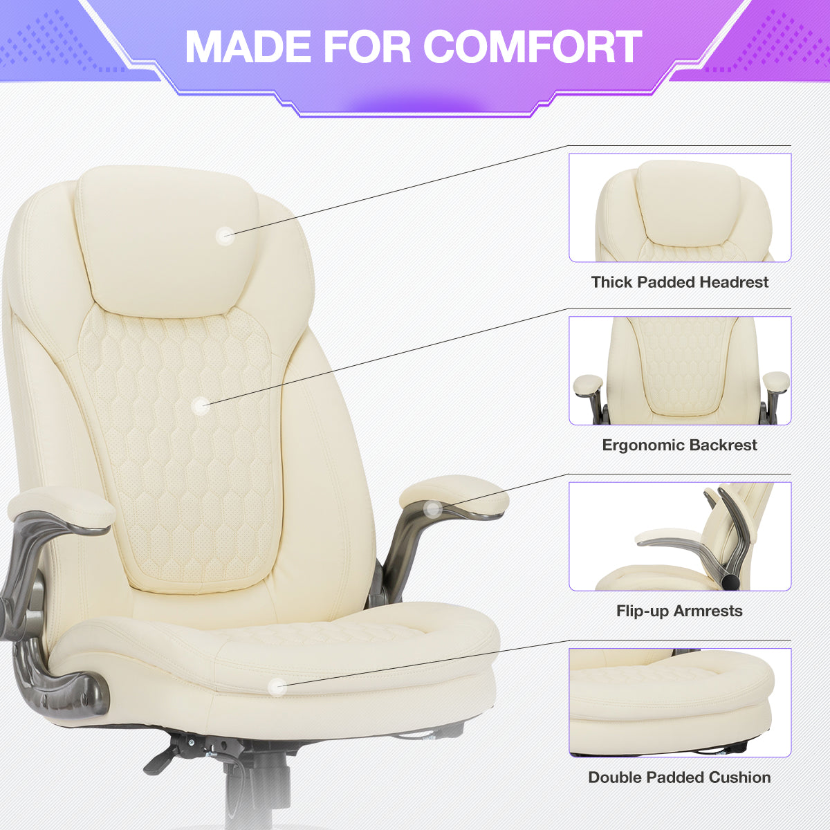 COLAMY Beige Color Ergonomic High Back Office Chair Thickened Headrest & Cushion Model.6686