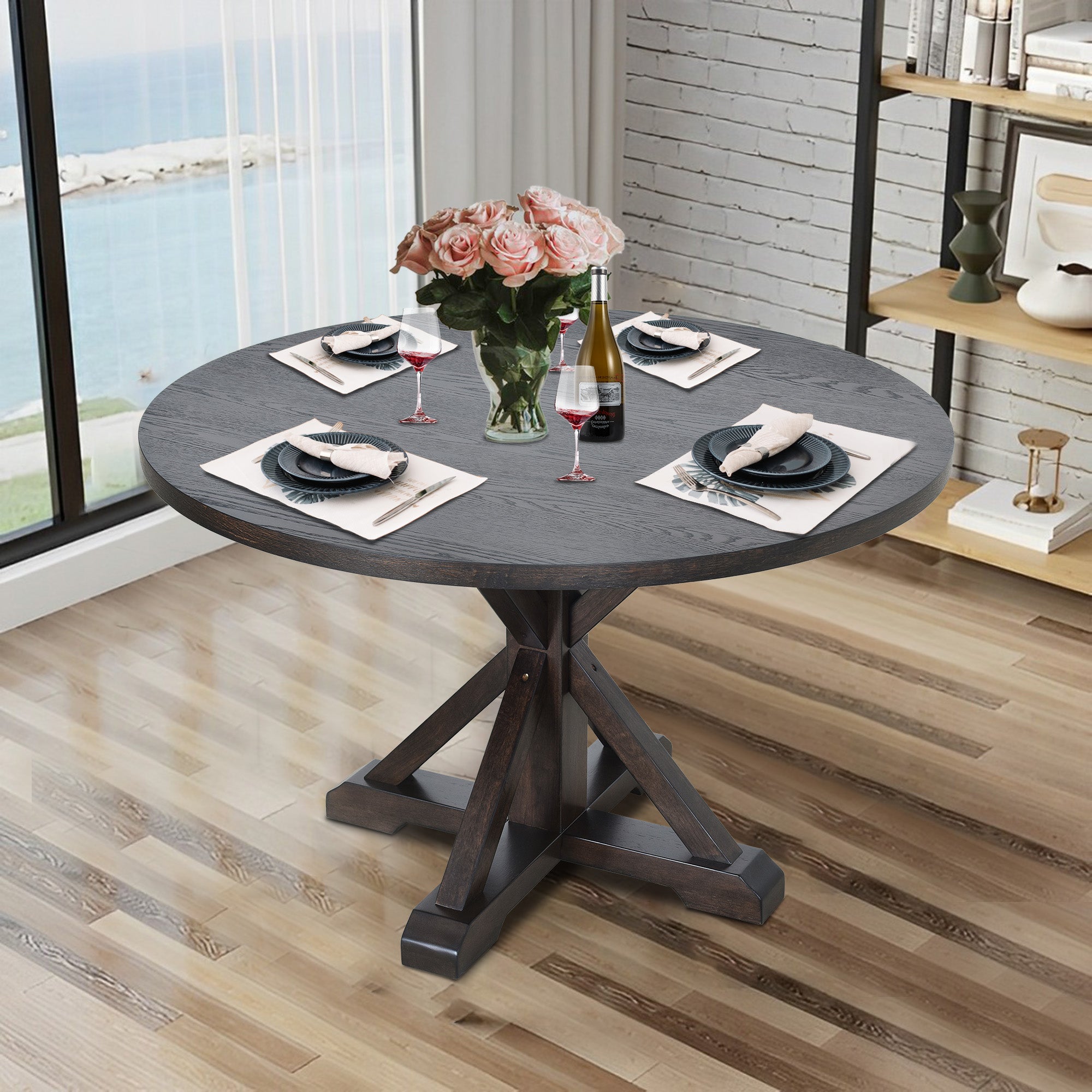 COLAMY Wooden Round Dining Table with Trestle Pedestal Base