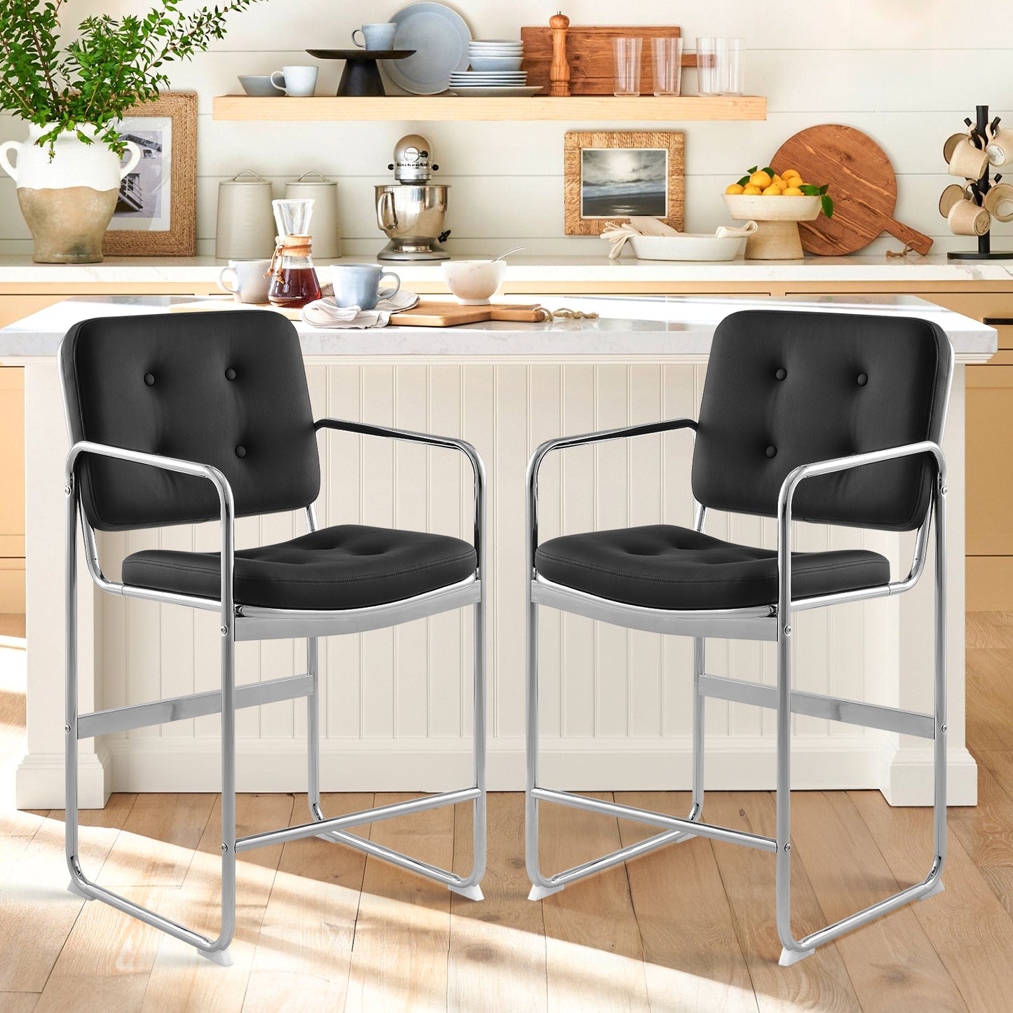 COLAMY PU Leather Counter Height Barstool Button Tufted Upholstered Bar Stools