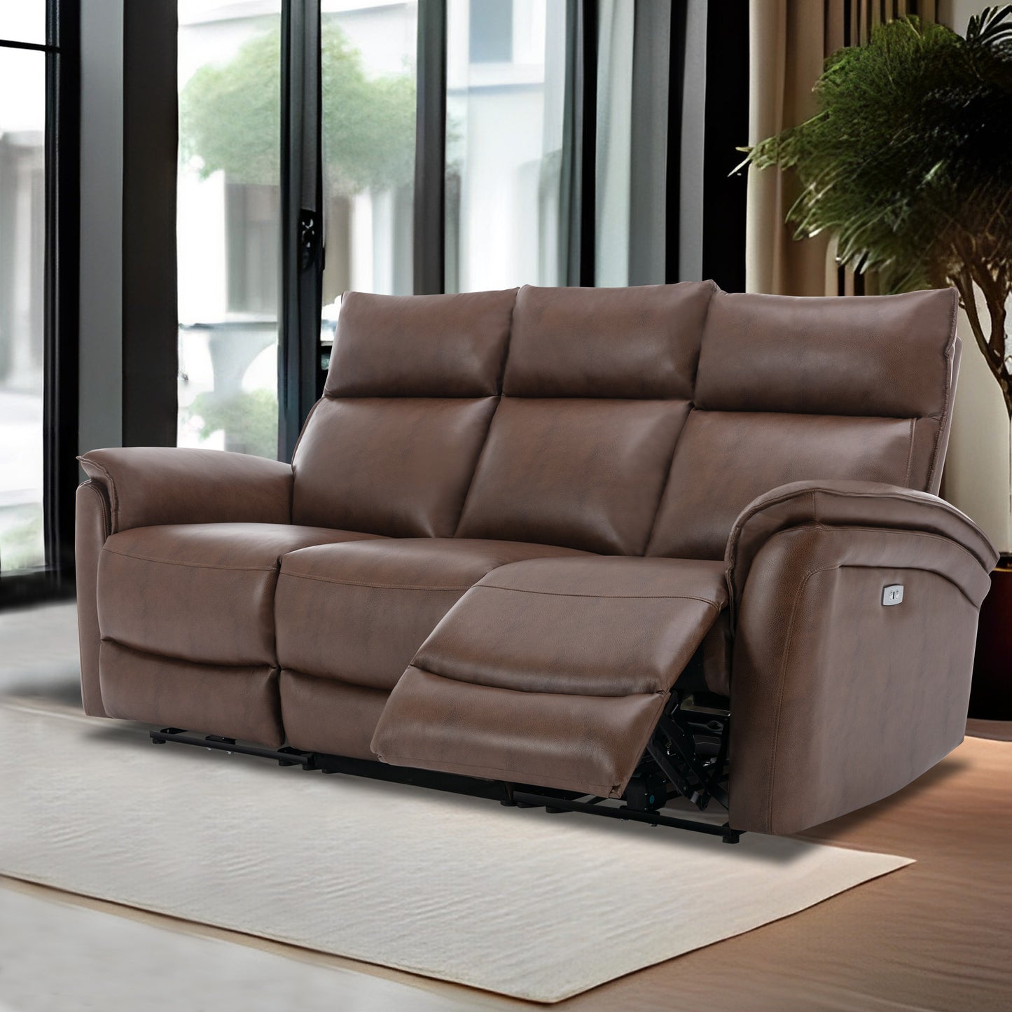 COLAMY PU Leather Dark Brown Power Reclining 3-Seat Home Theater Seating Sofa model.60439