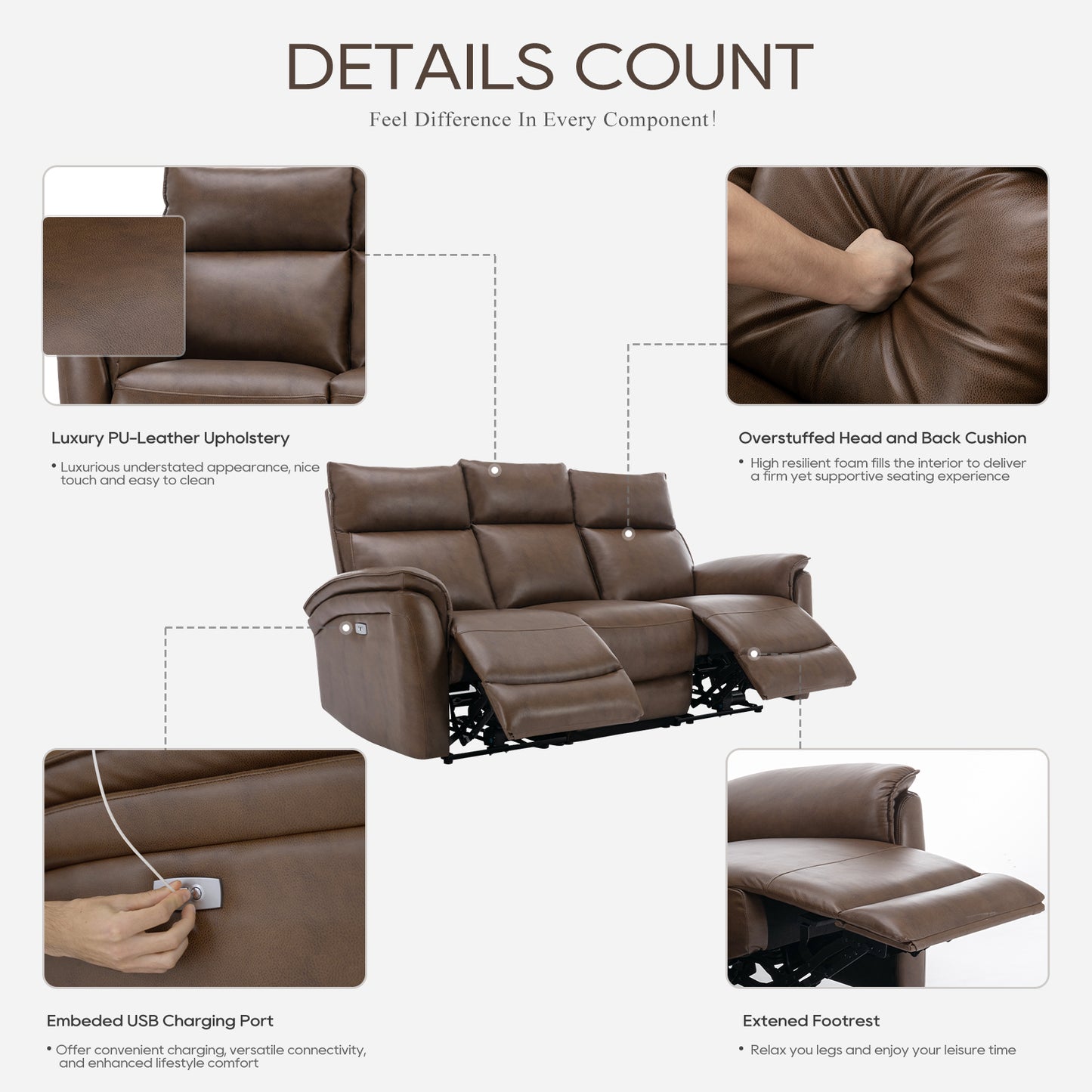 COLAMY PU Leather Dark Brown Power Reclining 3-Seat Home Theater Seating Sofa model.60439