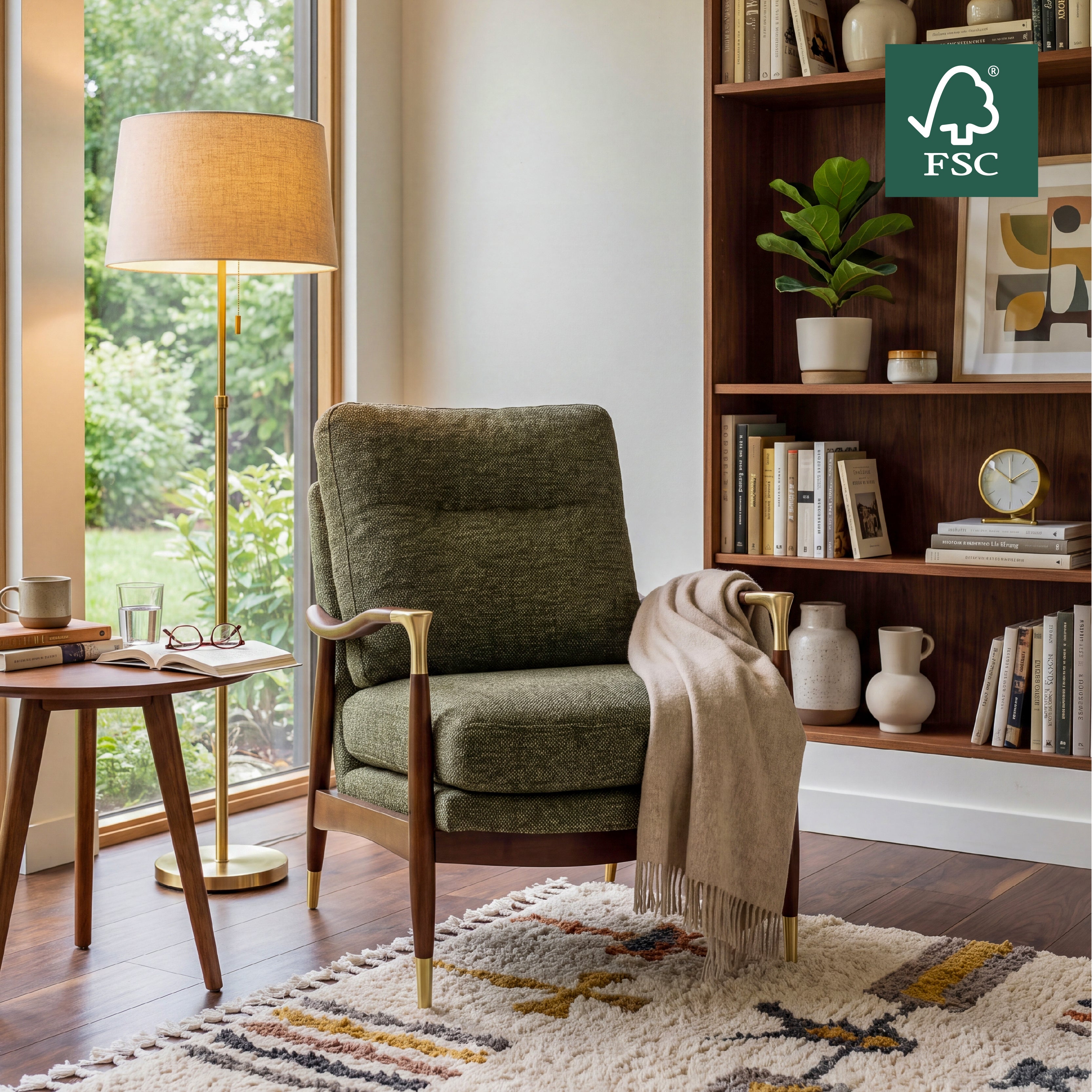 COLAMY SCULPTURA Mid-Century Upholstered Wood Frame Accent Chair