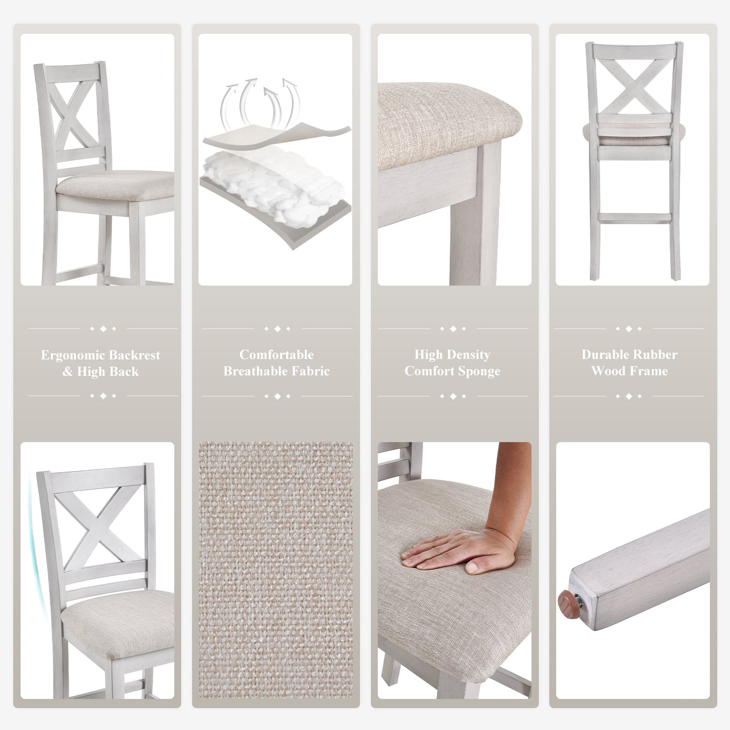 COLAMY Ergonomic Design Wooden Upholstered Bar Stool White Wash Color