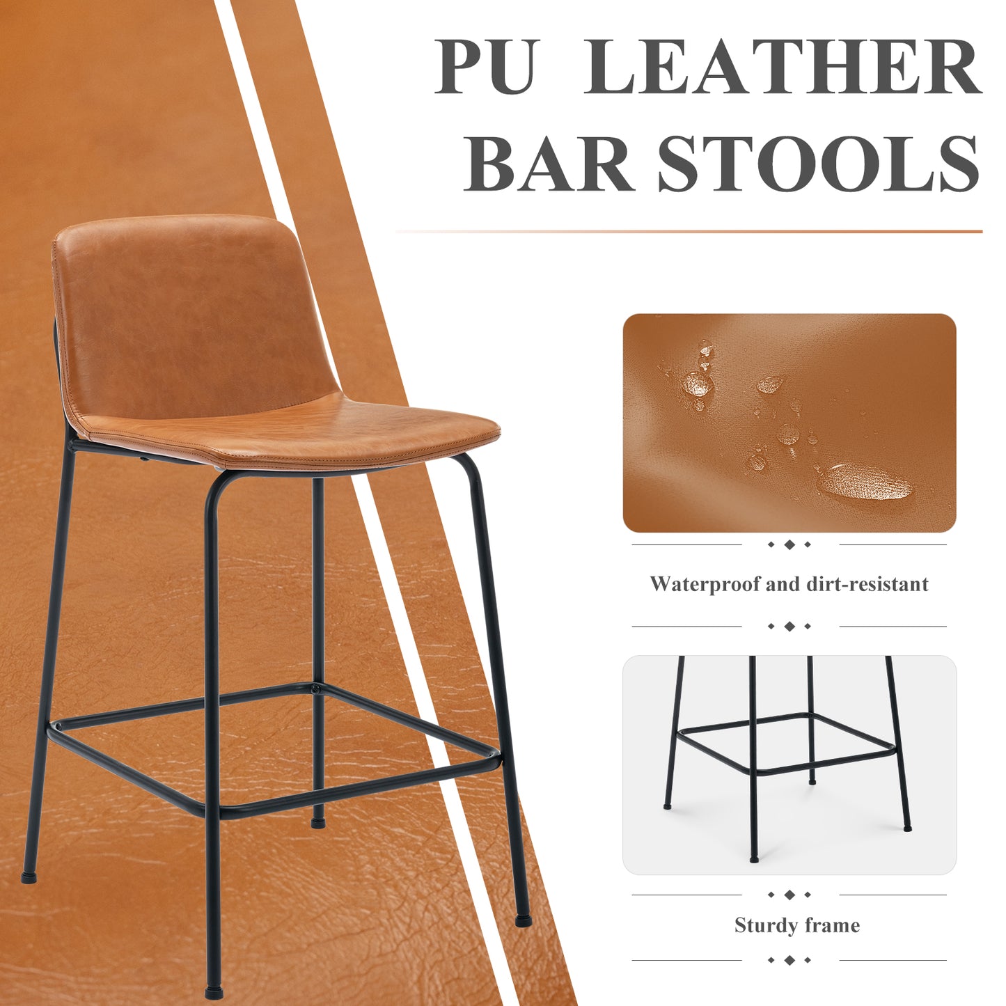COLAMY PU Leather Dark Brown Bar Stool Metal-legs Counter Height Chair