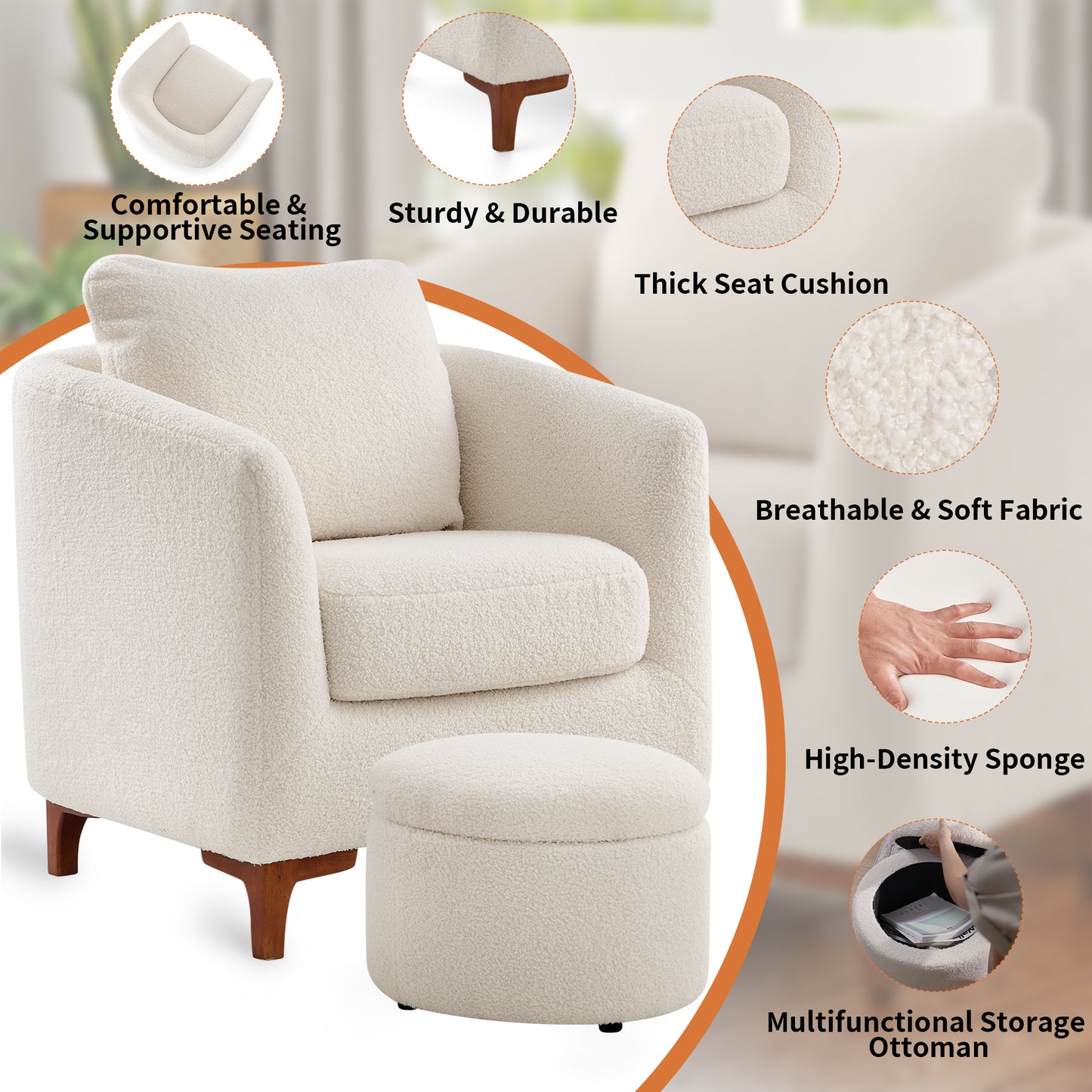 COLAMY Sherpa Accent Chair Reading Chair with Round Storage Ottoman Set