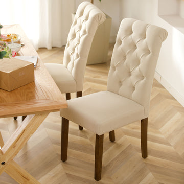 COLAMY Tufted Fabric Dining Chair Rolled Back Kitchen Chair with Wooden Legs