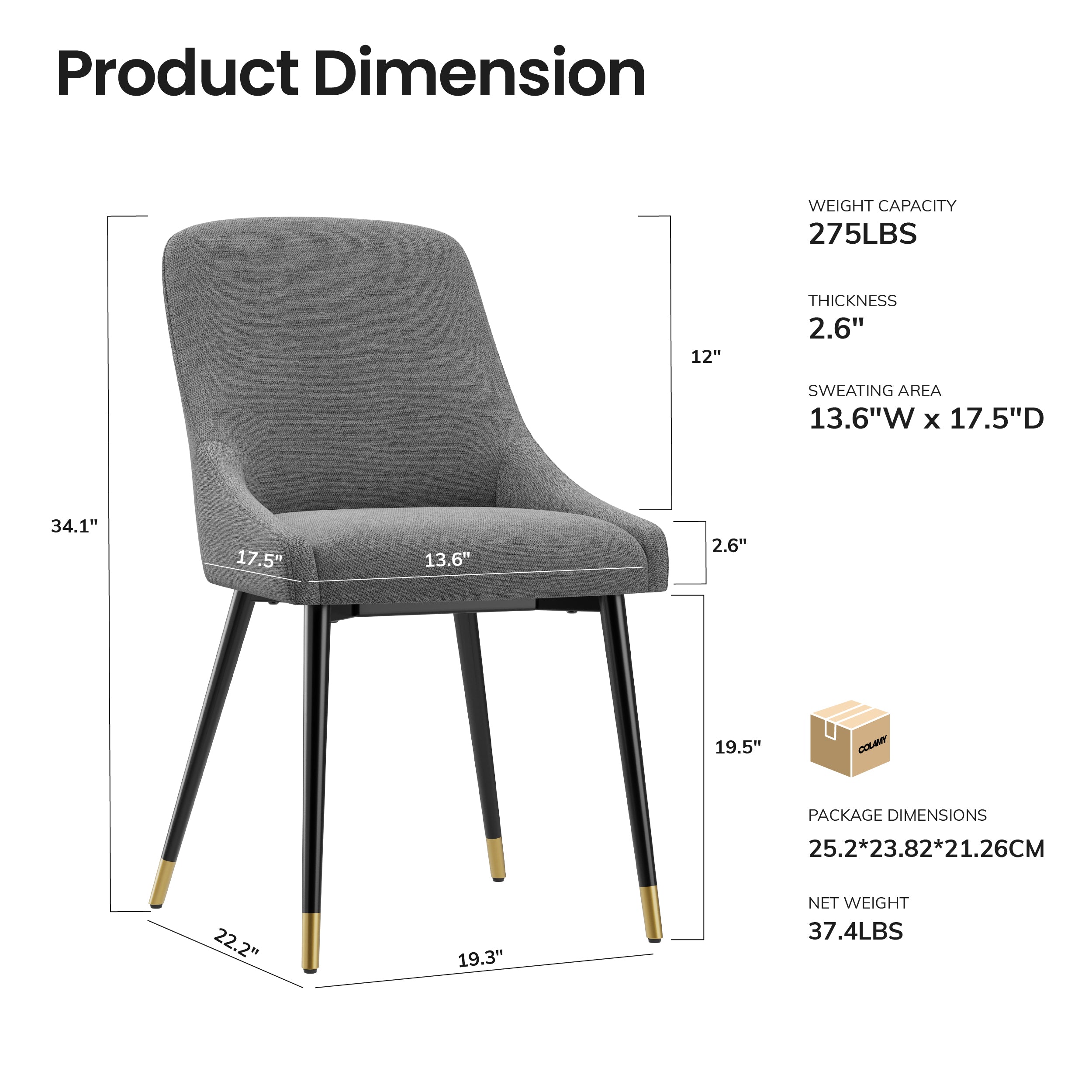 COLAMY LUMA Modern Fabric & Metal Dining Chair