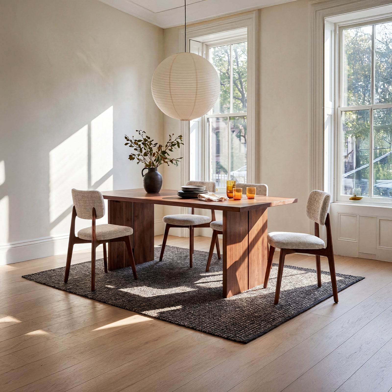 COLAMY NOYA Prime upholstered dining chairs with walnut red oak frames in a sunlit modern dining room