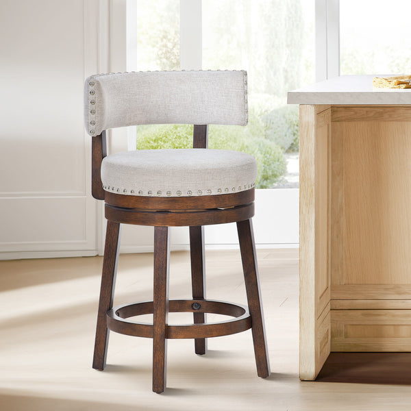 COLAMY RENO Wooden Upholstered Swiveling Vintage Counter Height Bar Stools