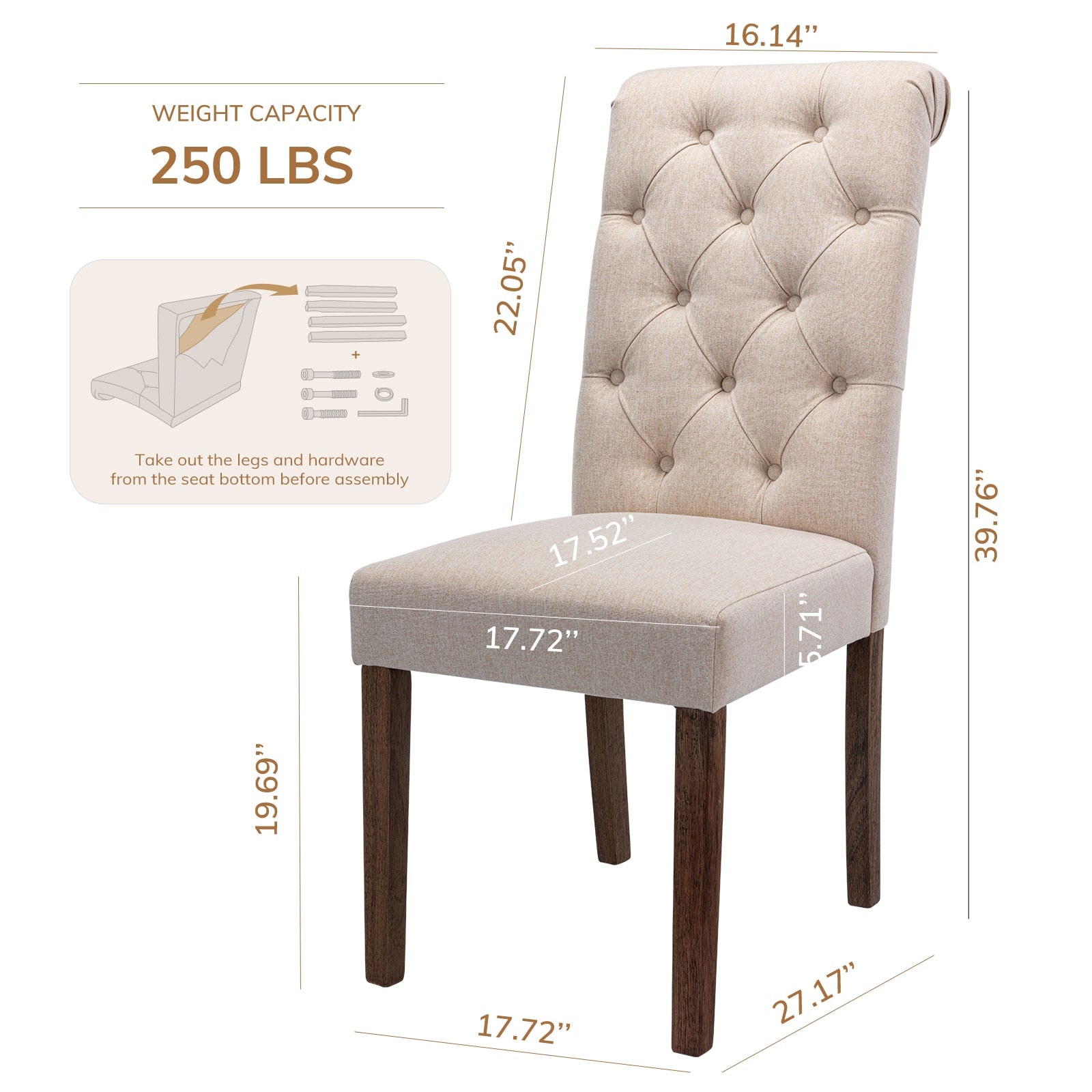 COLAMY Tufted Fabric Rolled Back Dining Chair