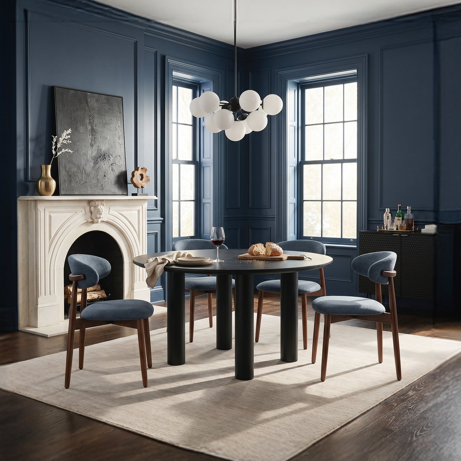 COLAMY mid century modern blue upholstered dining chairs for dining room and kitchen seating