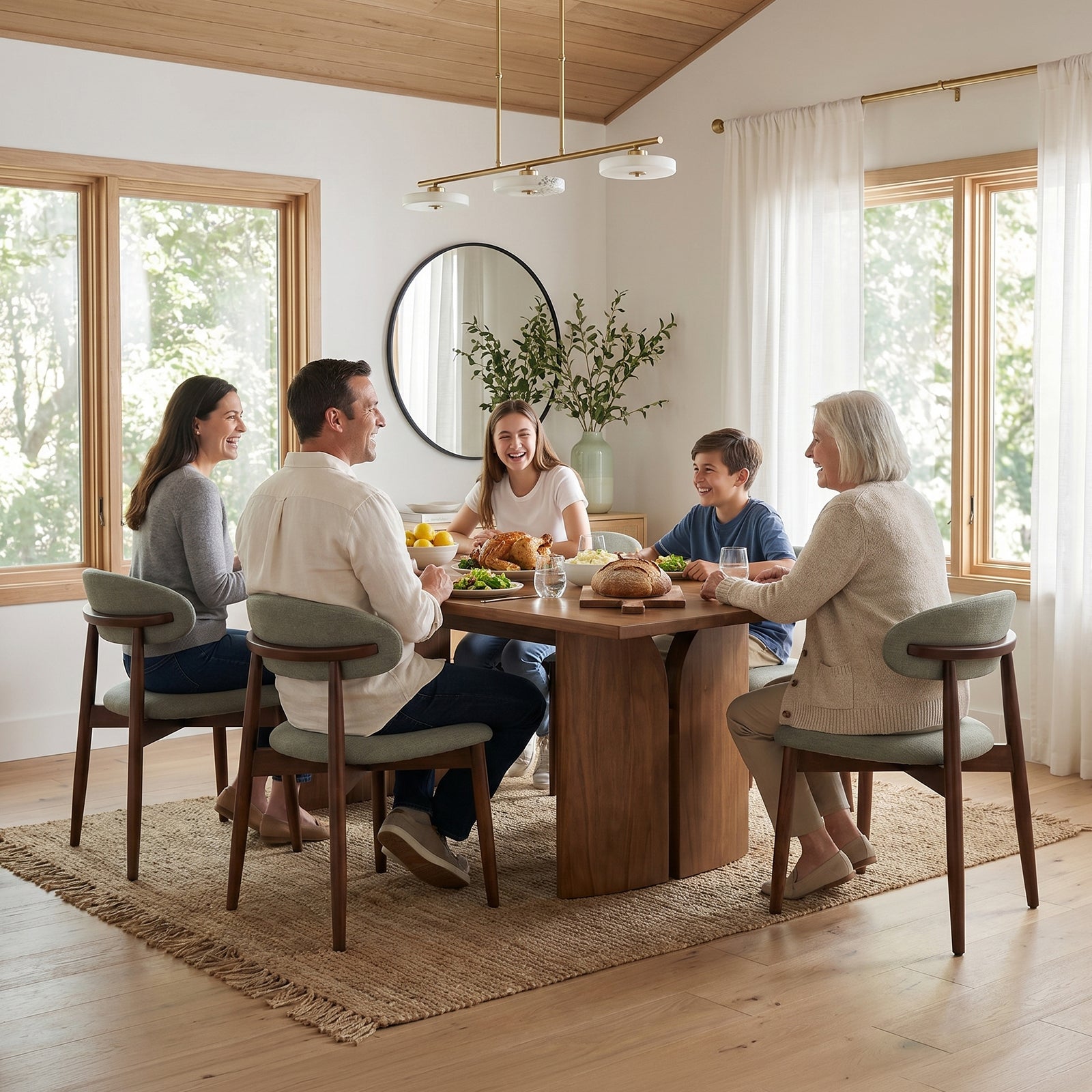 COLAMY mid century modern green upholstered dining chairs around a wooden dining table in a family dining room