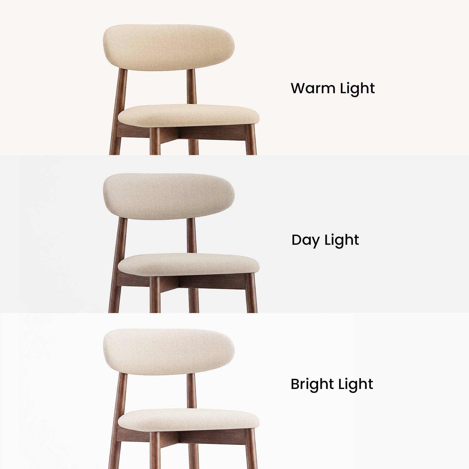 COLAMY mid century modern upholstered dining chair showing fabric color differences under warm light, daylight, and bright light