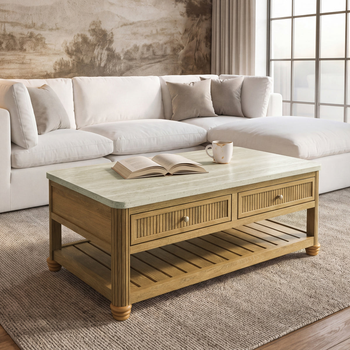 COLAMY VERSE 47.2" Fluted Storage Coffee Table with 2 Drawers & Open Shelf