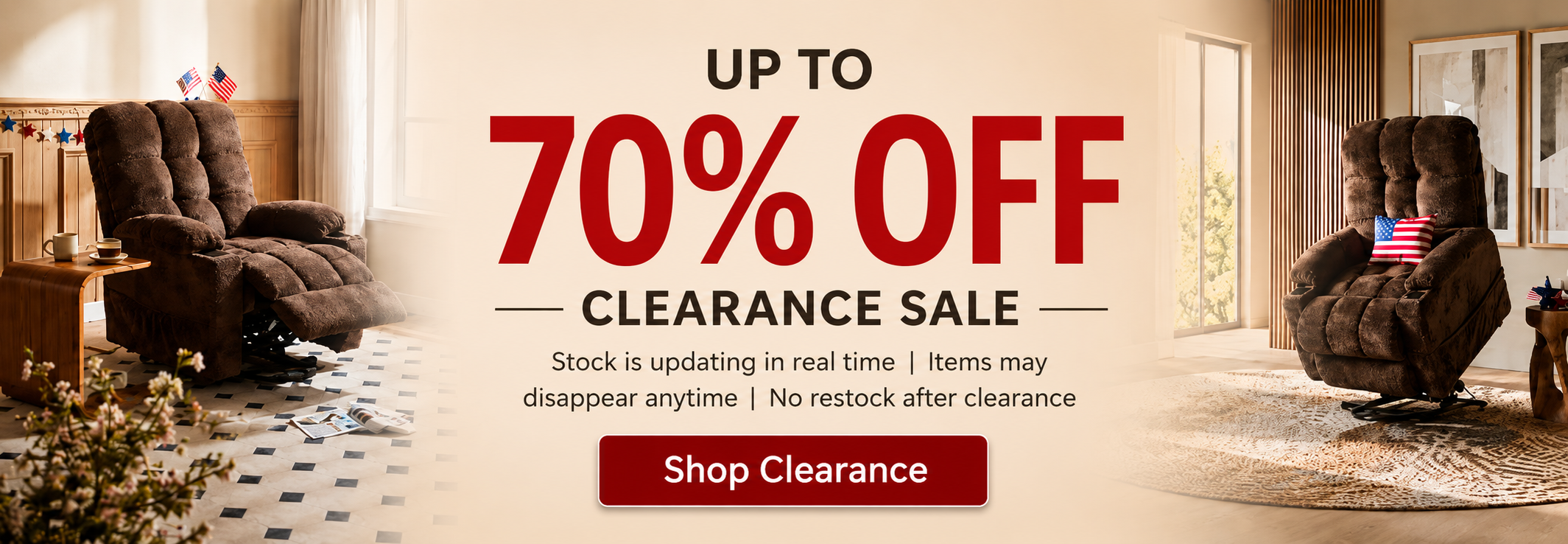 Brown recliner chair clearance sale banner with up to 70% off modern living room furniture