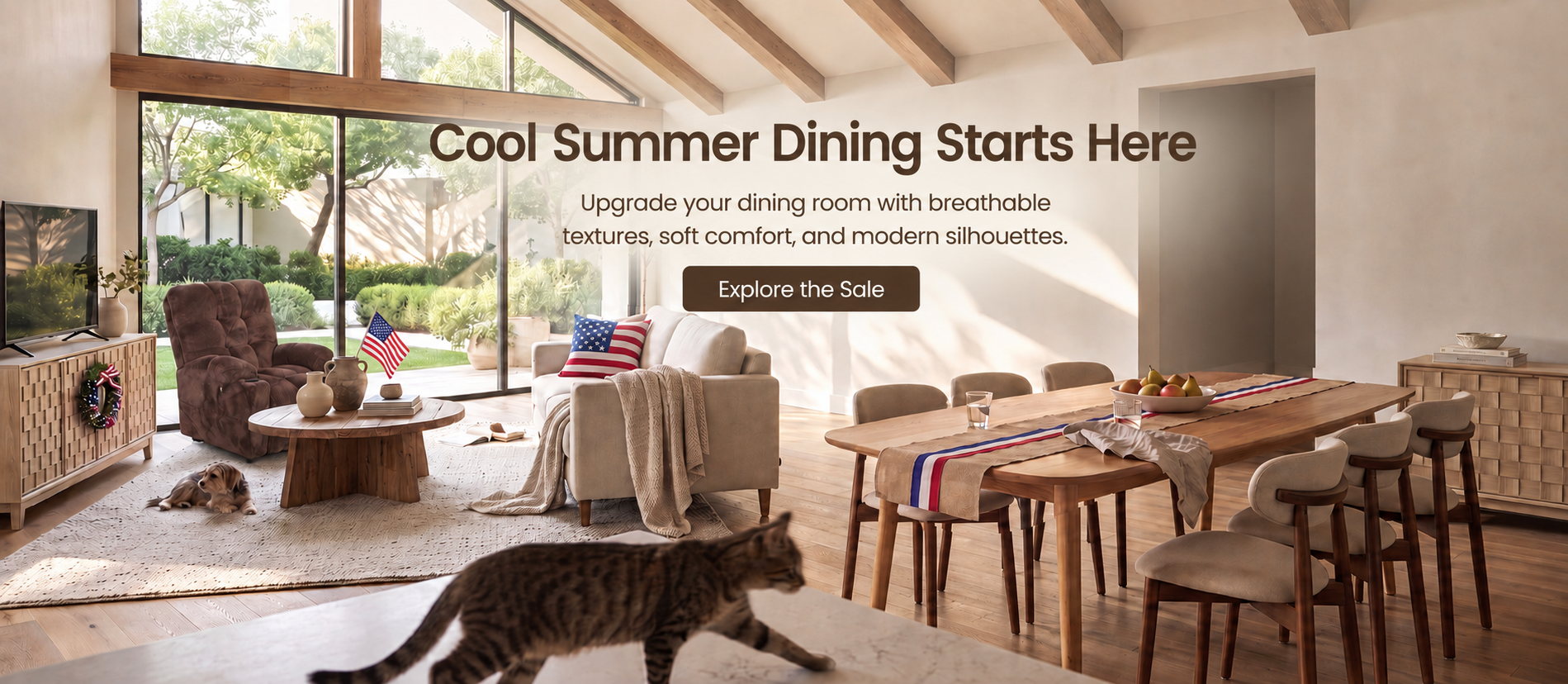 Breathable upholstered dining chairs in a bright summer dining room with modern wooden table