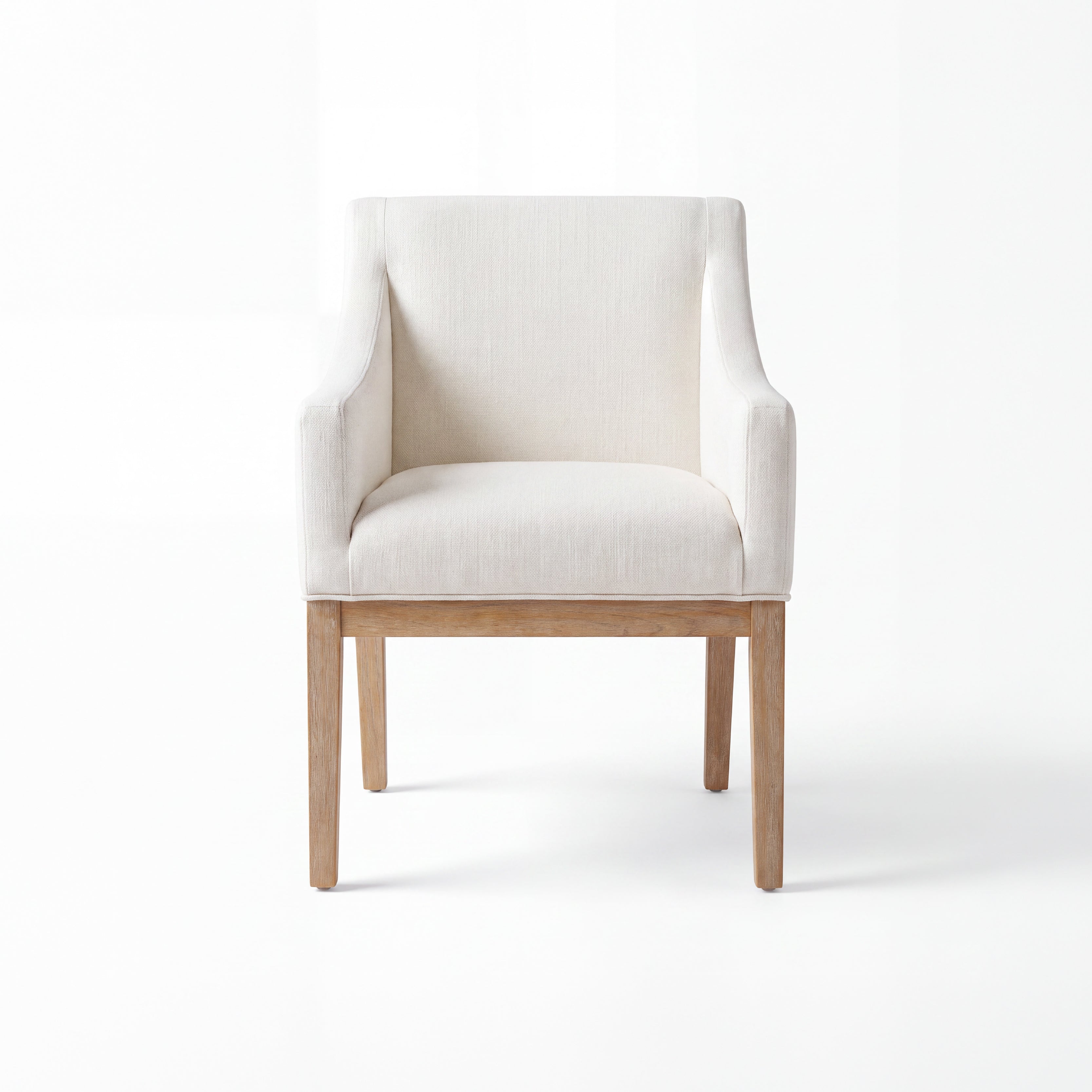 A modern accent chair with a light beige textured fabric upholstery and a natural light wood frame, shown against a clean white background.