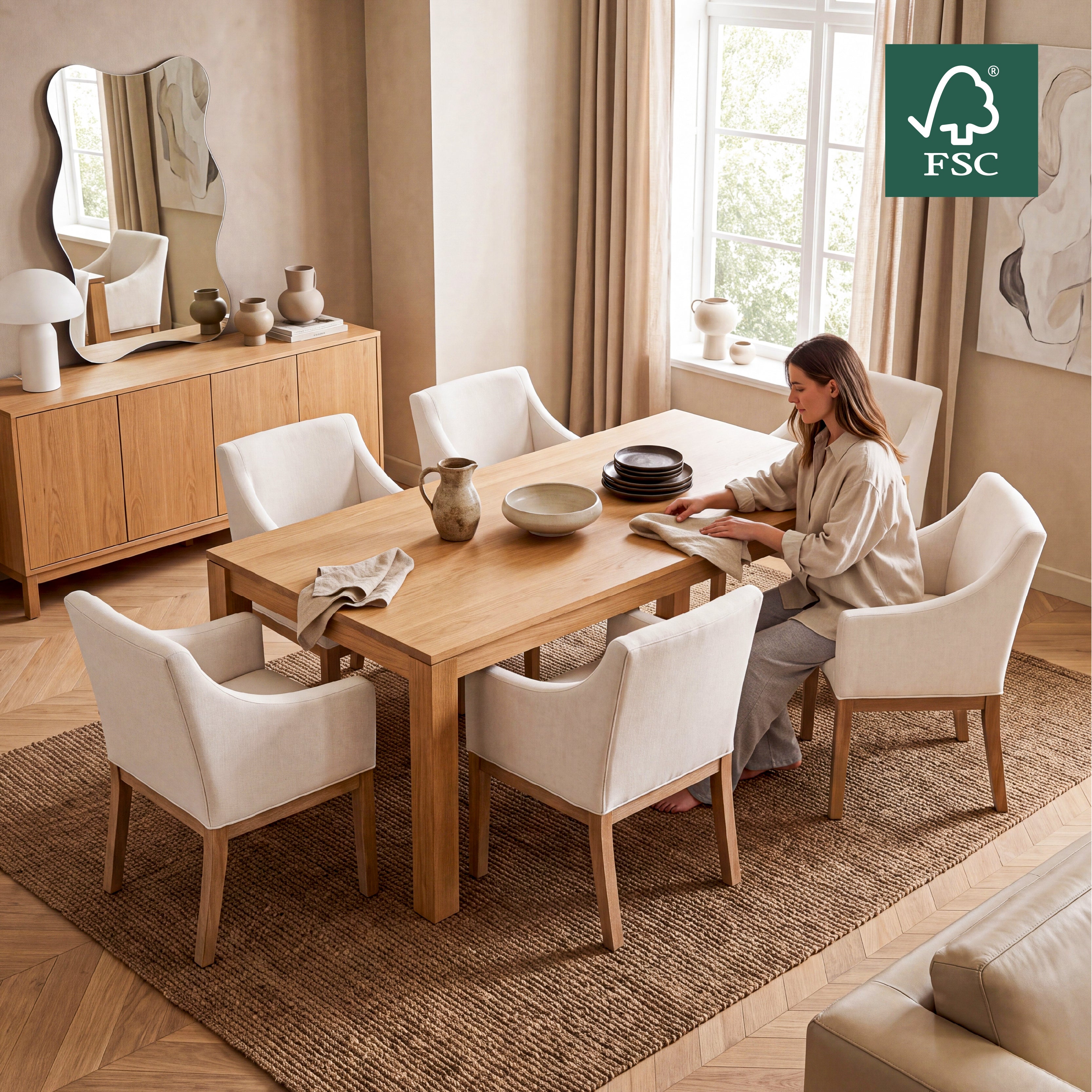 COLAMY ELVIA Upholstered Dining Chair with Arms – Solid Wood Frame