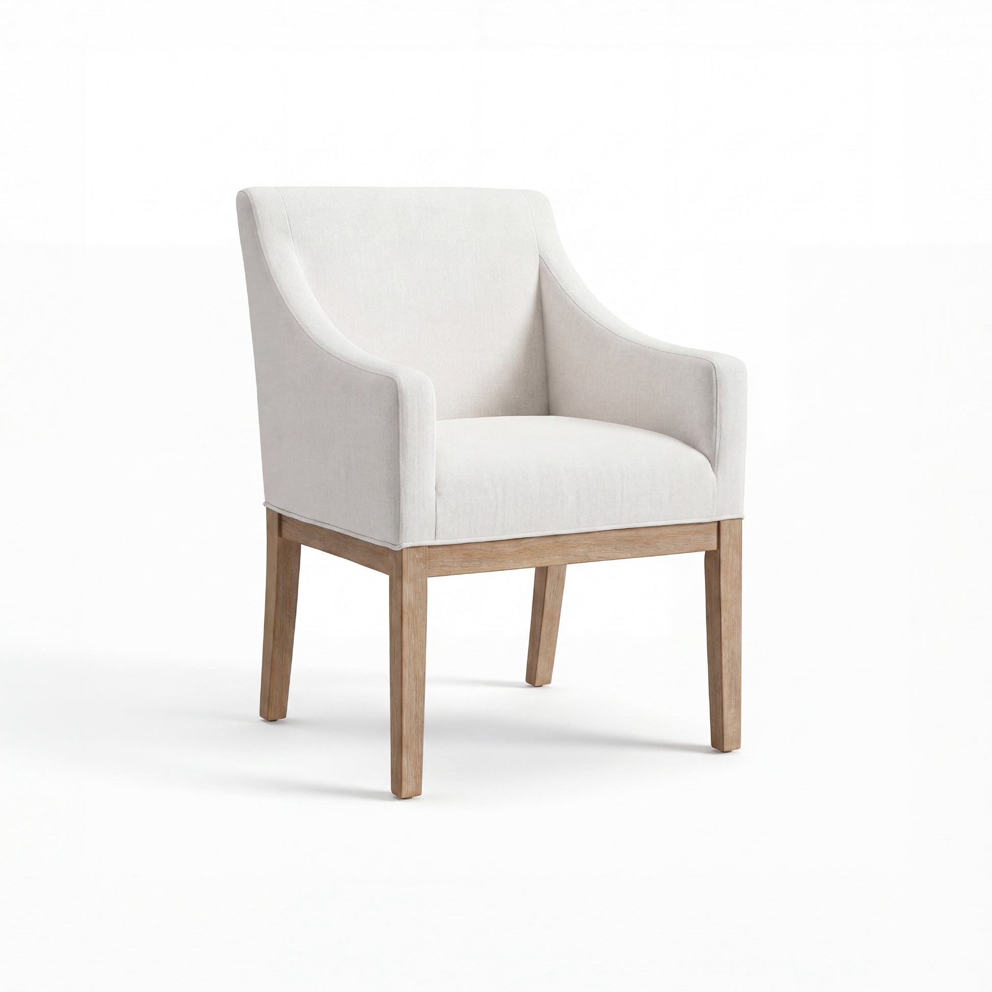 An upholstered accent chair with a light beige fabric seat and backrest, curved arms, and a natural light wood frame and legs, shown on a white studio background.