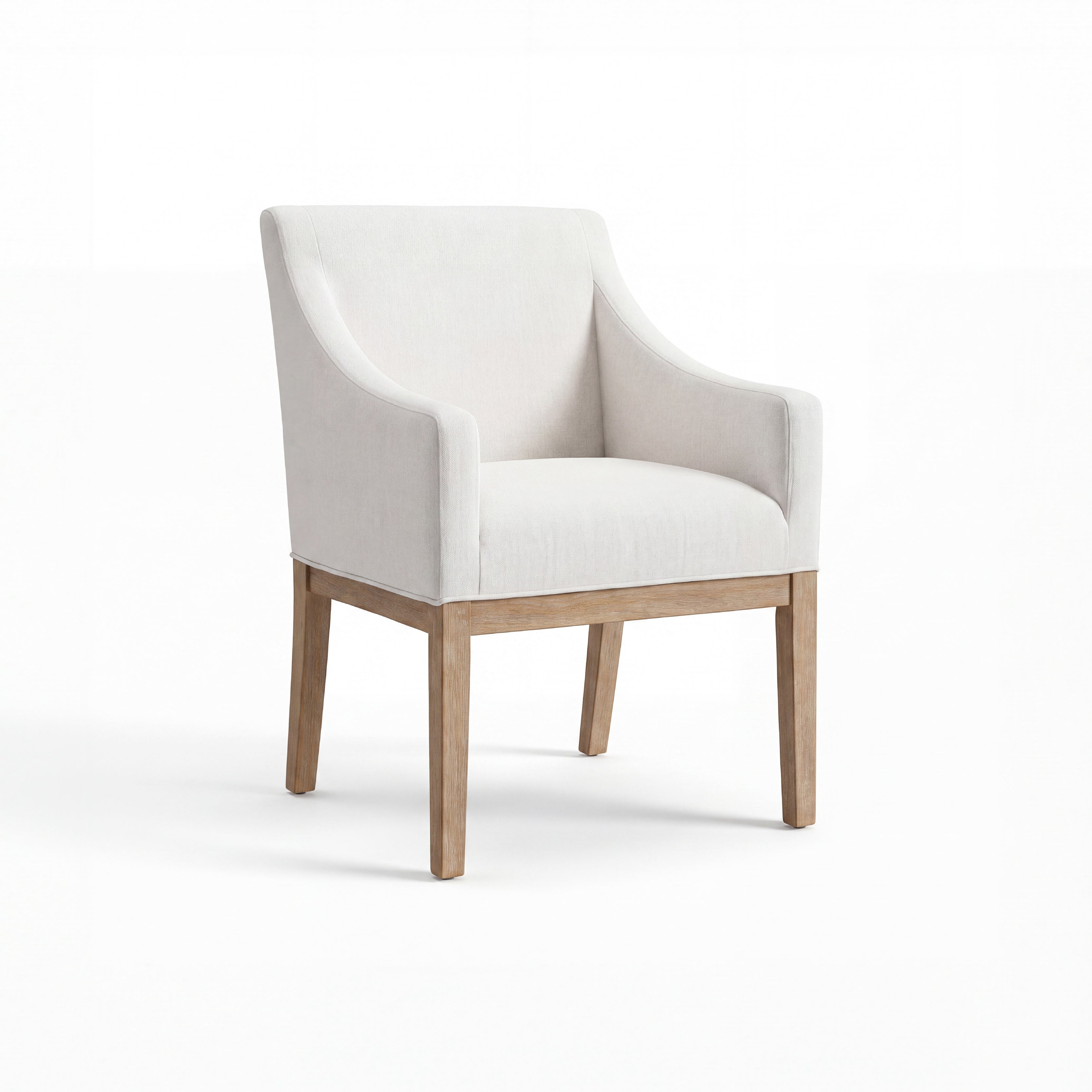 An upholstered accent chair with a light beige fabric seat and backrest, curved arms, and a natural light wood frame and legs, shown on a white studio background.