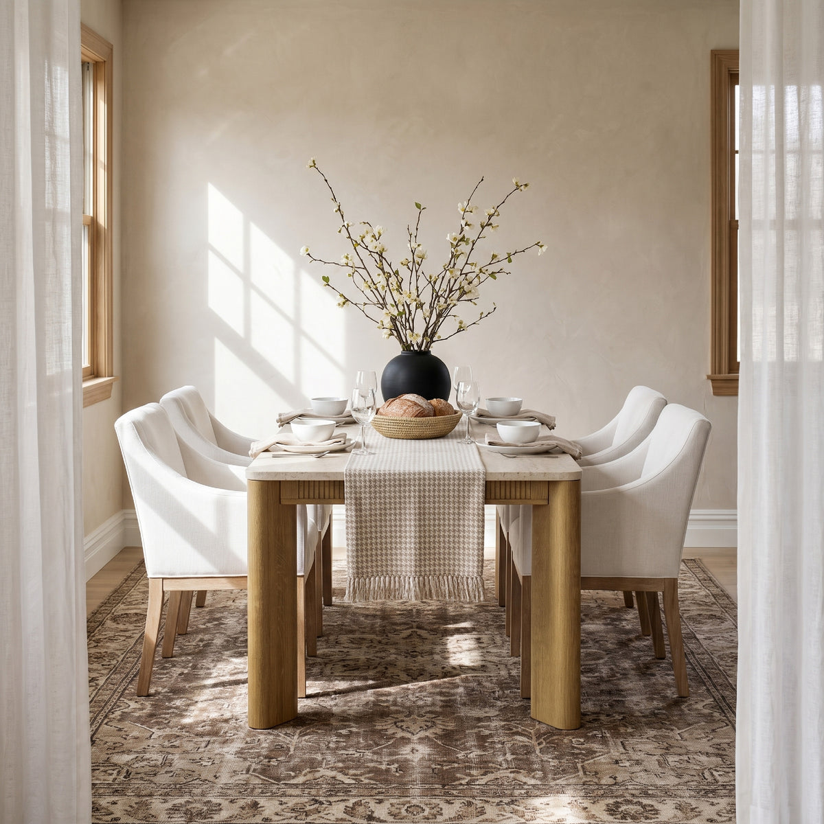 COLAMY VERSE 63" Dining Table with ELVIA Upholstered Dining Chair with Arms Set for 4