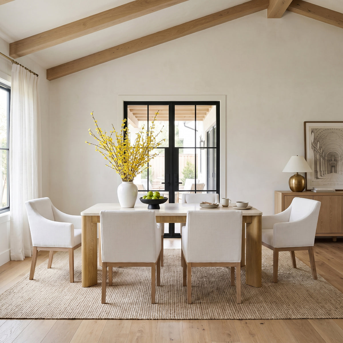 COLAMY VERSE 63" Dining Table with ELVIA Upholstered Dining Chair with Arms Set for 4