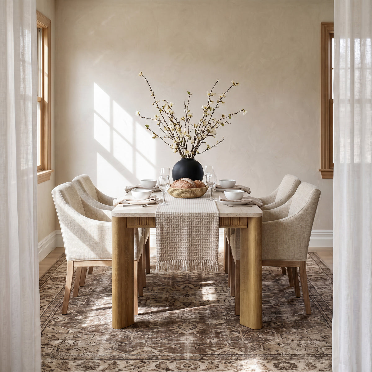 COLAMY VERSE 63" Dining Table with ELVIA Upholstered Dining Chair with Arms Set for 4