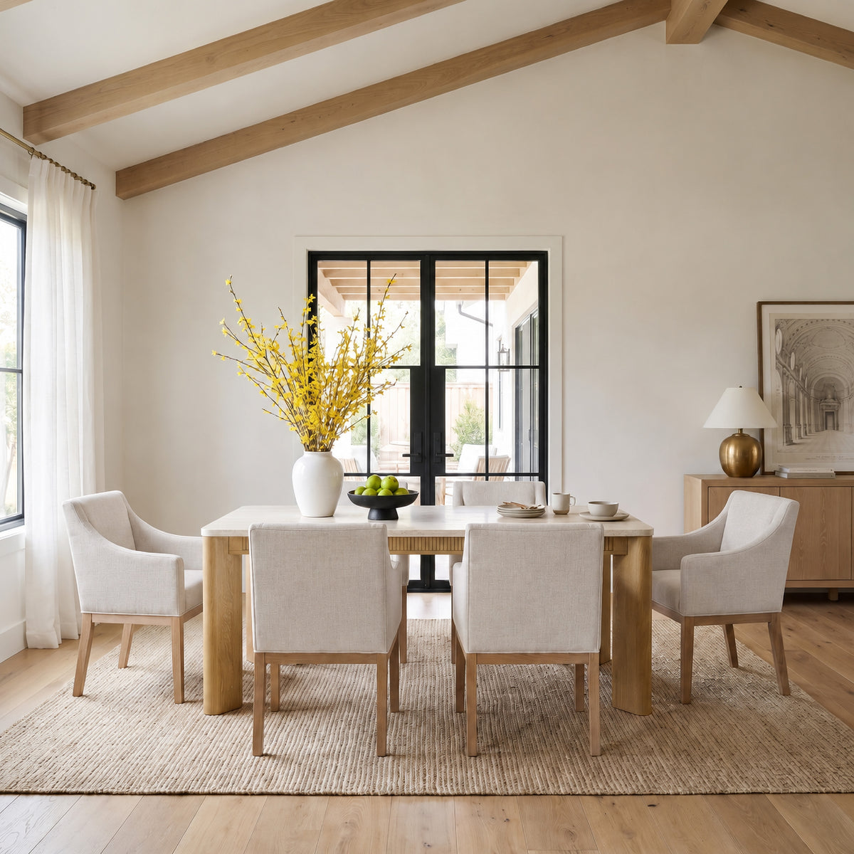 COLAMY VERSE 63" Dining Table with ELVIA Upholstered Dining Chair with Arms Set for 4