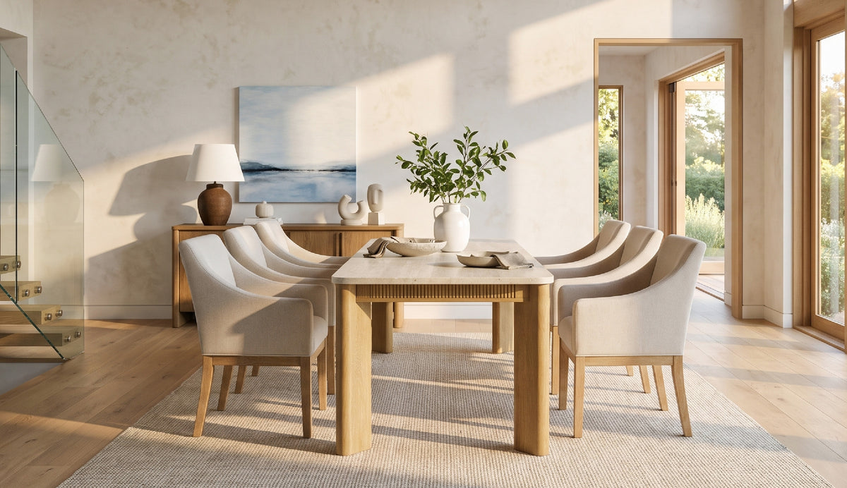 COLAMY VERSE 63" Dining Table with ELVIA Upholstered Dining Chair with Arms Set for 4