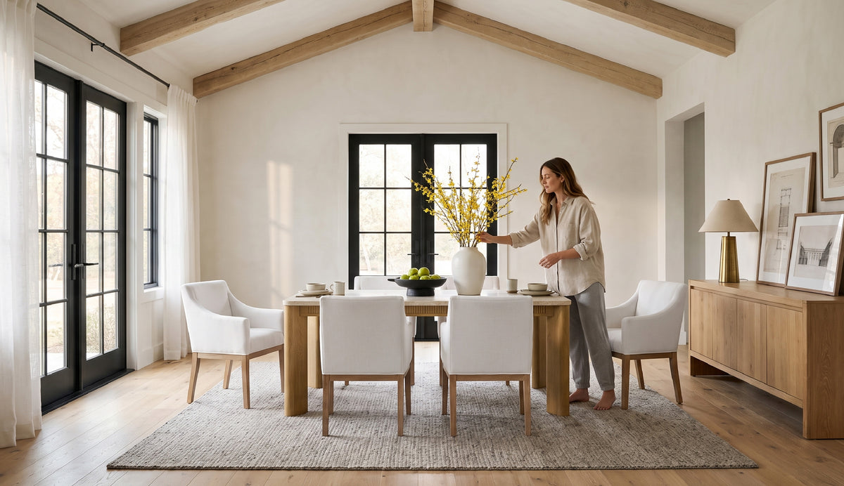 COLAMY VERSE 63" Dining Table with ELVIA Upholstered Dining Chair with Arms Set for 4