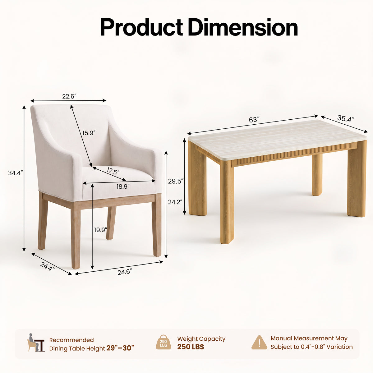 COLAMY VERSE 63" Dining Table with ELVIA Upholstered Dining Chair with Arms Set for 4
