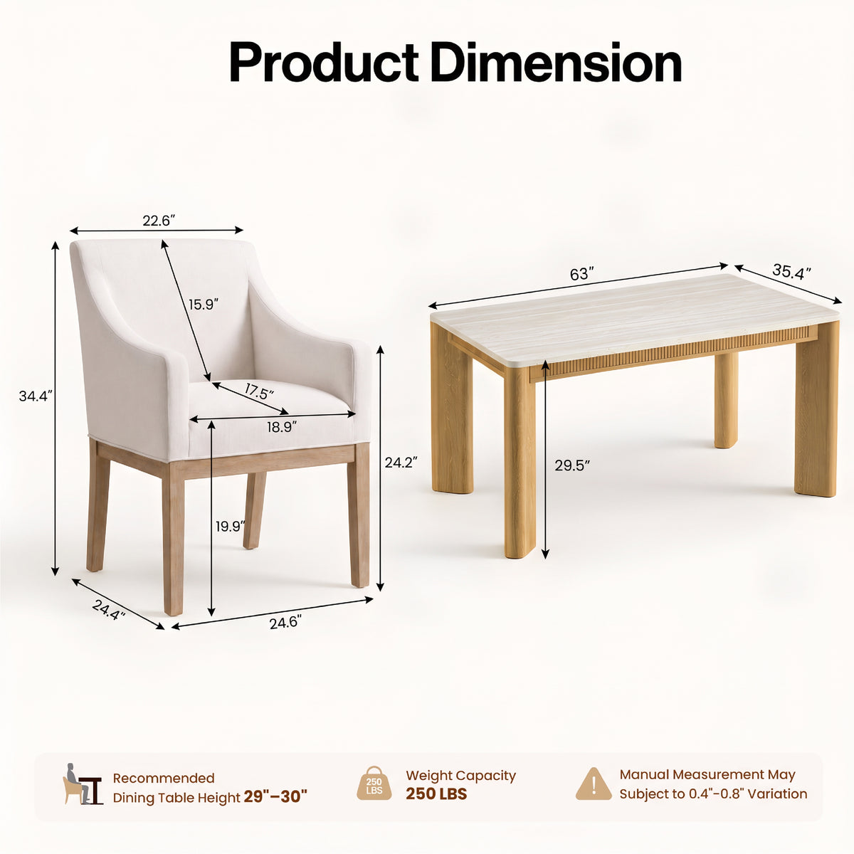COLAMY VERSE 63" Dining Table with ELVIA Upholstered Dining Chair with Arms Set for 4–6