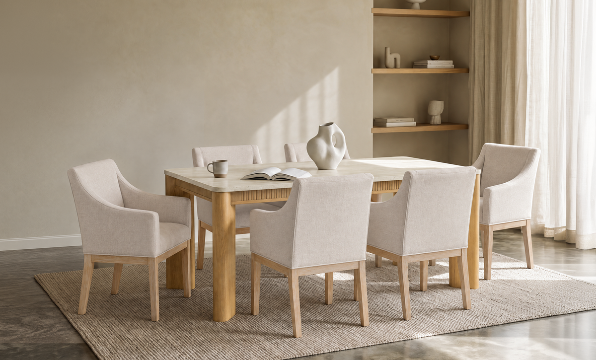 COLAMY VERSE 63" Travertine-Inspired Dining Table for 4–6, COLAMY ELVIA Upholstered Dining Chair with Arms – Solid Wood Frame, Set of 6
