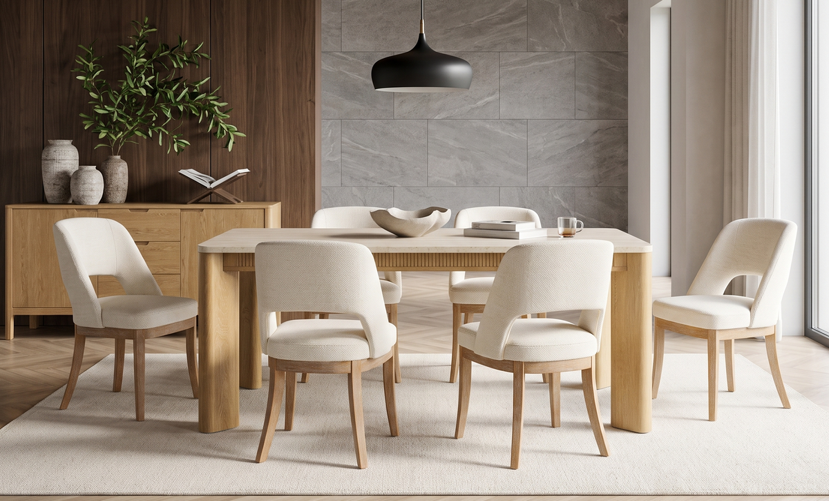 COLAMY VERSE 63" Travertine-Inspired Dining Table for 4–6, COLAMY ELVIA Upholstered Dining Chairs - Open Back Design, Set of 6