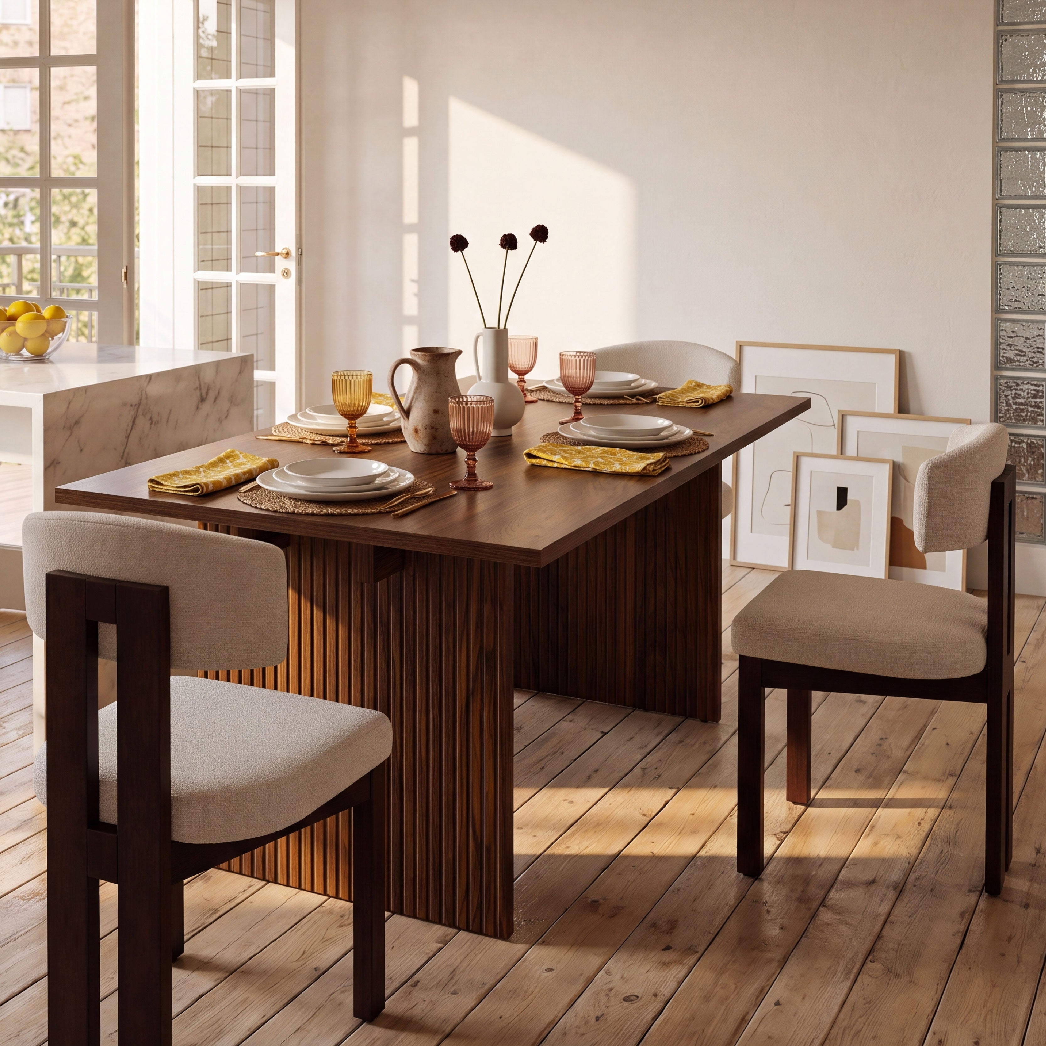 COLAMY HALO 63" Dining Table with HALO Wood Dining Chairs Set for 4-6