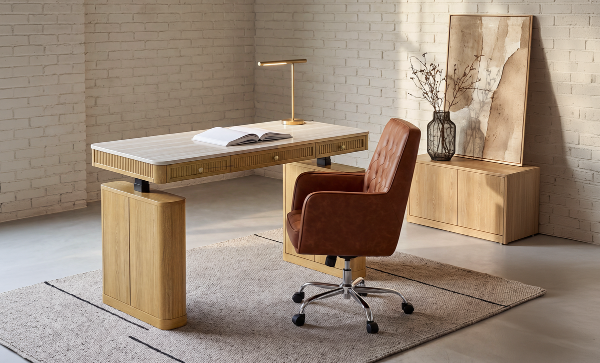 COLAMY VERSE Modern Fluted Electric Adjustable Standing Desk with Storage, COLAMY VERSO Multi-Scenario Swivel Chair with Tufted Back, Set of 1
