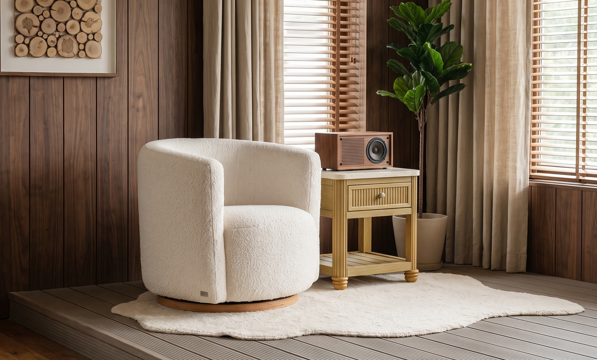 COLAMY VERSE Reeded End Table with Drawer and Open Shelf, COLAMY AURA Oversized Cocoon Swivel Accent Chair, Set of 1