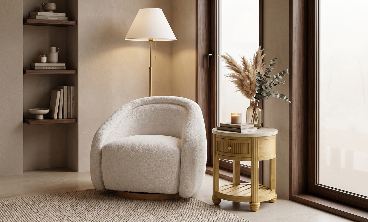 COLAMY VERSE Round End Table with Drawer &amp; Storage Shelf, COLAMY AURA Sculpted Swivel Accent Chair, Set of 1