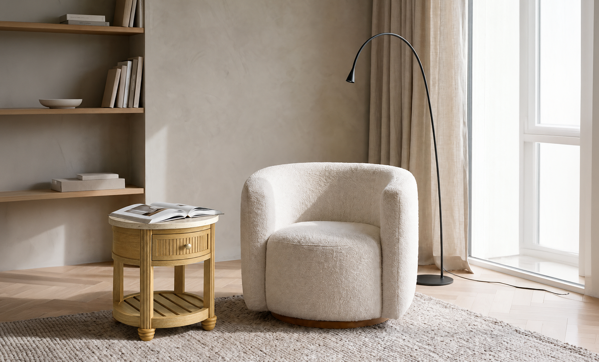COLAMY VERSE Round End Table with Drawer &amp; Storage Shelf, COLAMY AURA Compact Barrel Swivel Accent Chair, Set of 1